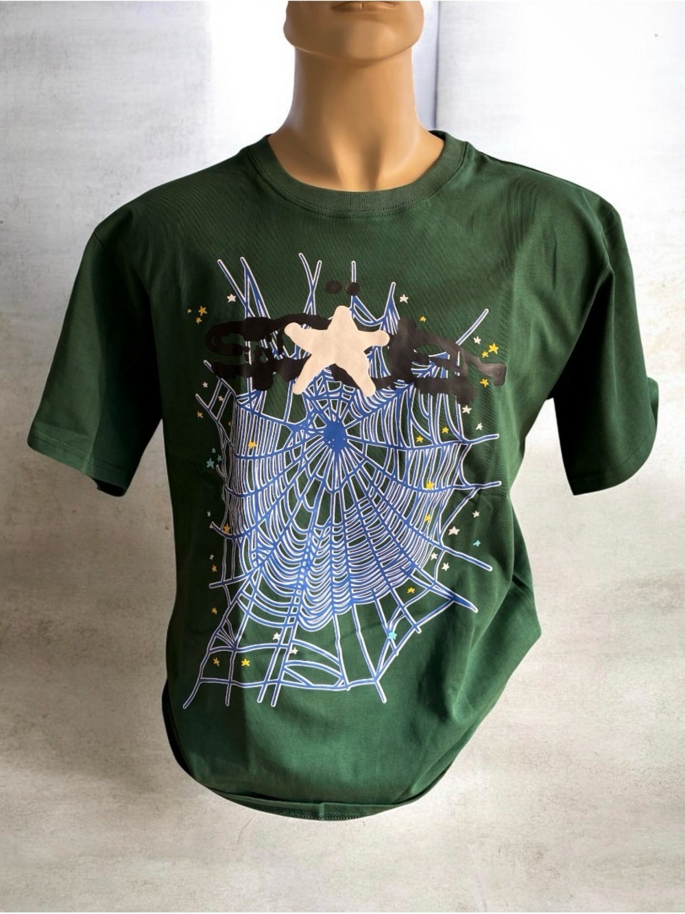 Rare Sp5der Worldwide Web T Shirt Green Blue Puff Print Star Size L Young Thug